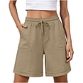 thumbnail image 3 of ibuvkizy Bermuda Shorts Womens Cotton Linen Elastic Waist Drawstring Pull on Solid Color Summer Beach Shorts with Pockets, 3 of 5