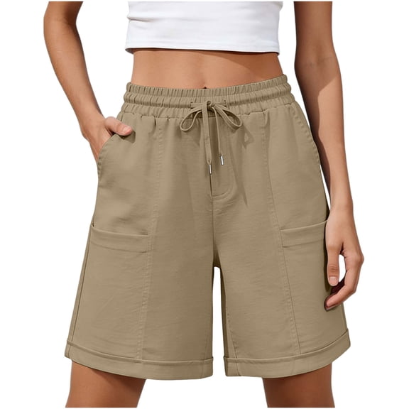 Womens Pull on Shorts Women Summer Bermuda Shorts Drawstring High Waist Cuffed Casual Loose Breathable Summer Vacation Short Pants Khaki M