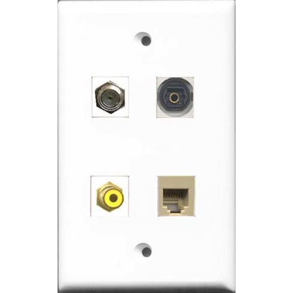 RiteAV 1 Port RCA Yellow and 1 Port Coax Cable TV- F-Type and 1 Port Phone RJ11 RJ12 Beige and 1 Port Toslink Wall Plate