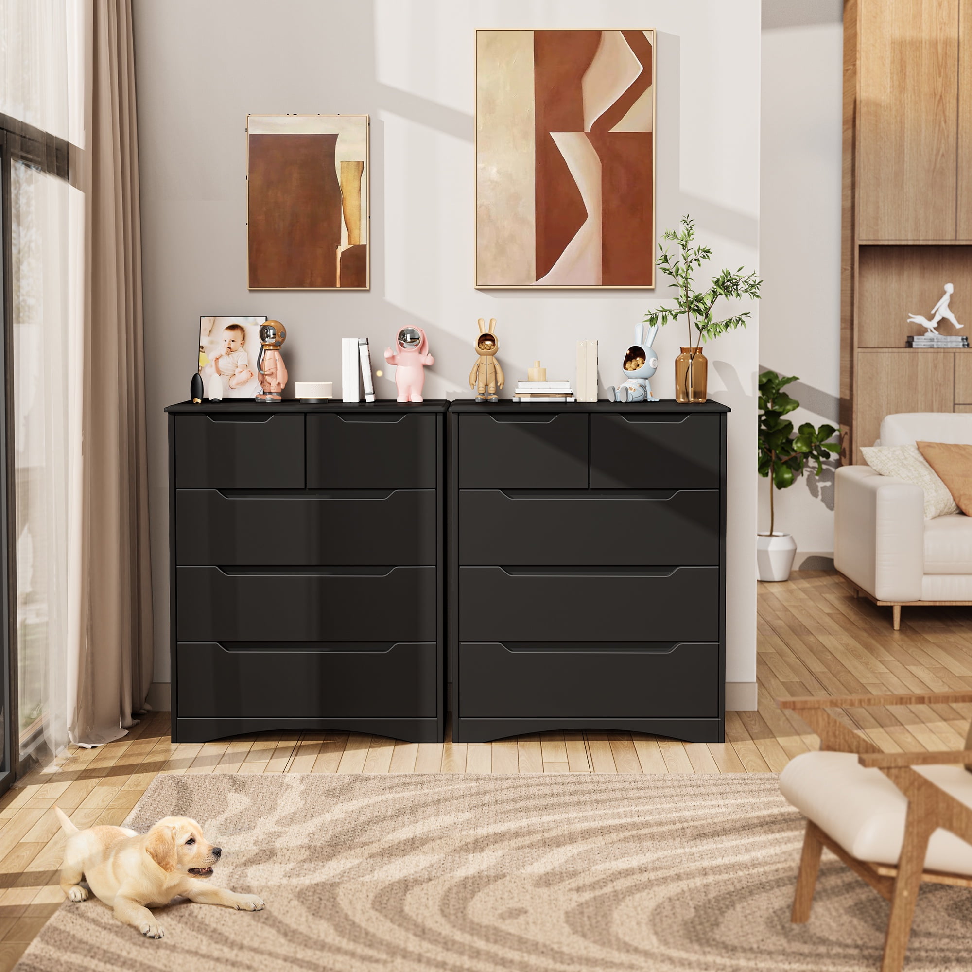 Dresser for Bedroom, Lofka Modern Wood Chest of Drawers with Cutout Handles, Deep Drawers, Smooth Metal Rail, Black