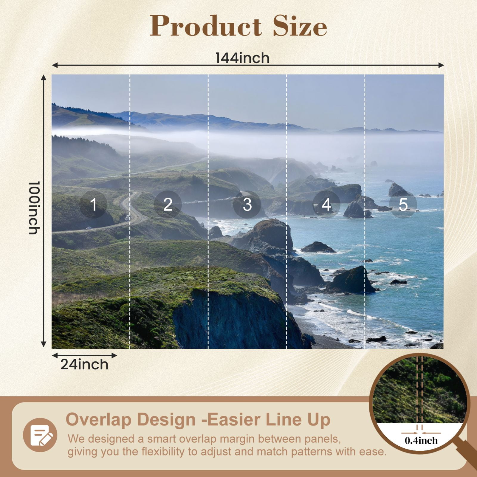 Wallpaper Foggy morning Bay Sonoma County Californias Pacific Peel and Stick Wall Murals 100"H x 144"W Removable PVC Wall Paper Self-Adhesive Wall Paintings Art Decor for Bedroom Living Room