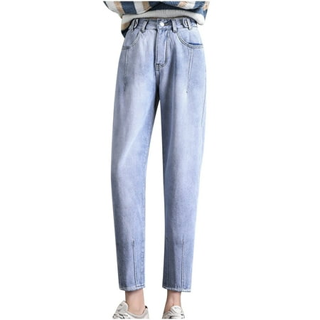 ShomPort Straight Leg Jean for Women Fall High Waist Casual Slim Denim Pants Trousers
