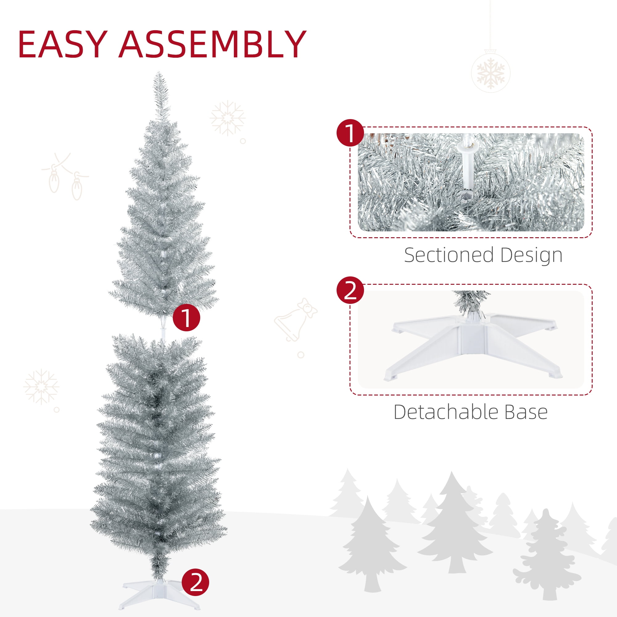 6ft Unlit Pencil Christmas Tree 390 Tips Easy Assembly Plastic Base Small Space Holiday Decor