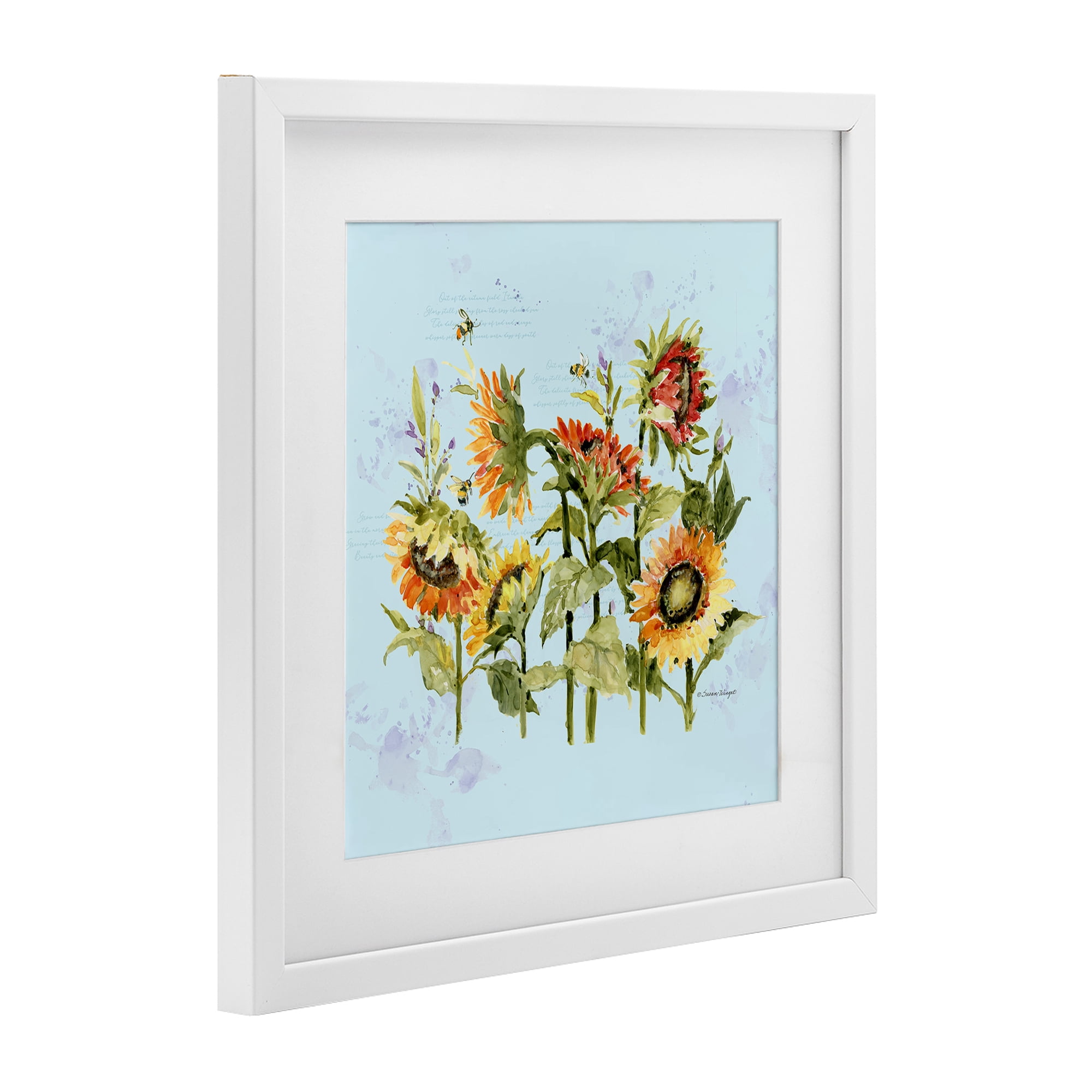 Stupell Industries Sunflowers & Bee on Blue White Framed Print Under Glass, design by Susan Winget