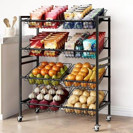 25.2" Wide Kitchen Storage Cart, 4-Tier Fruit Basket Rack, Metal Pantry, Black
