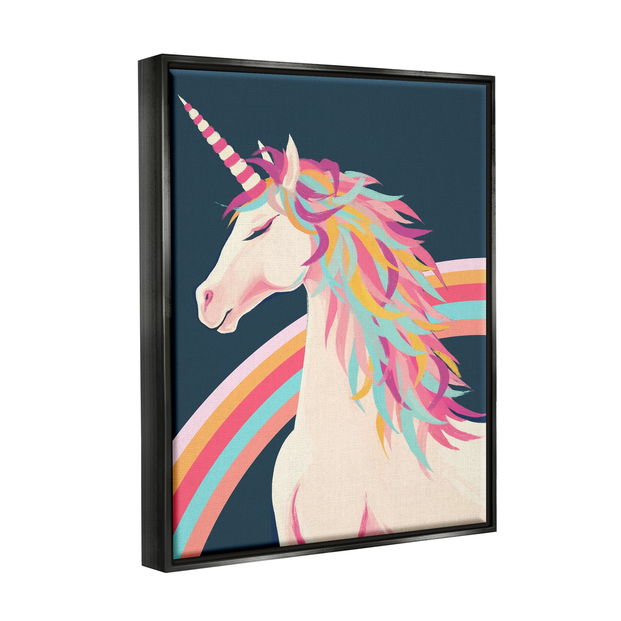 Stupell Industries Unicorn Rainbow Mane Fairy Tales & Fantasy Painting Black Floater Framed Canvas Art Print Wall Art, 17 x 21