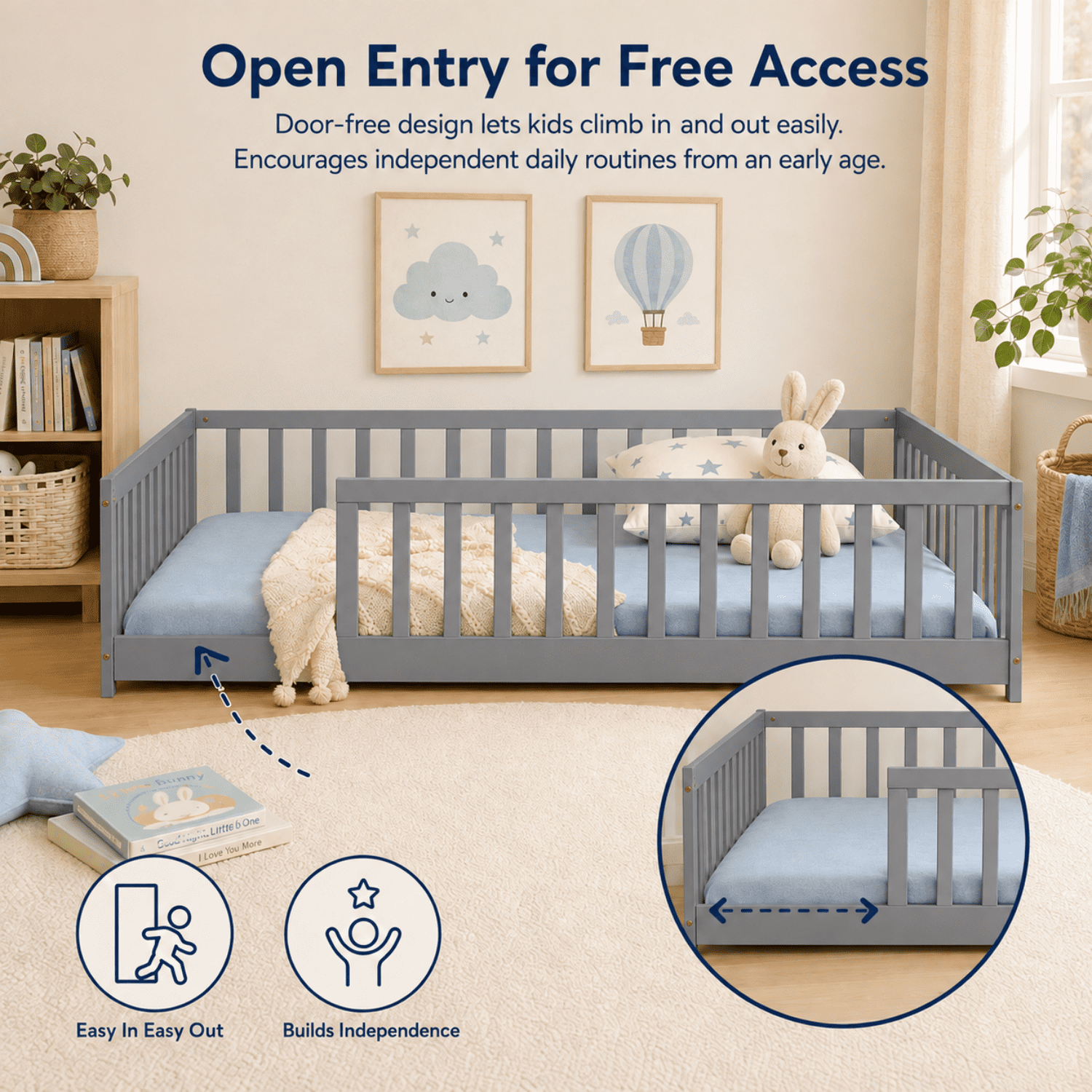 Miniyam Full Size Montessori Kids Floor Bed Frame, Wooden Bed with Fence Rails, Gray