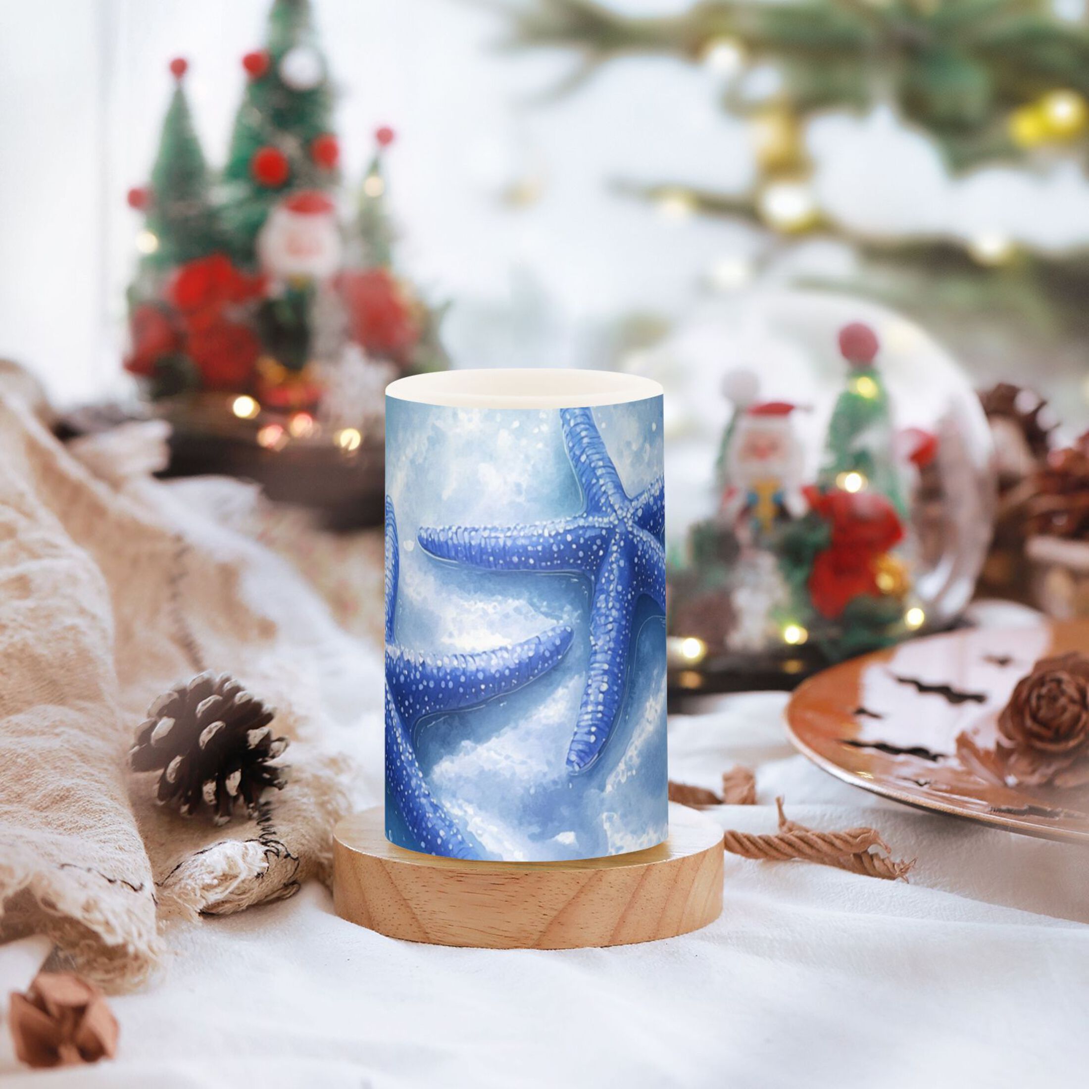 Blue Starfishes on Ocean Floor Flickering Flameless Candles LED Tealight Battery Operated with Remote Set of 2 Holiday Decor Ornaments