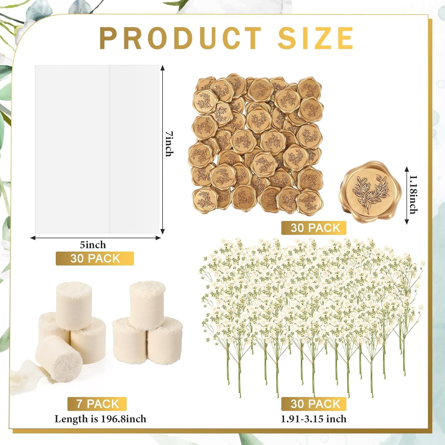 30 Set Wedding Invitations Wraps Set Pre Folded Vellum Jackets for 5 x 7 Invitations Self Adhesive Gold Wax Seal Stickers Dried Baby's Breath Flowers Chiffon Silk Ribbon for Craft DIY
