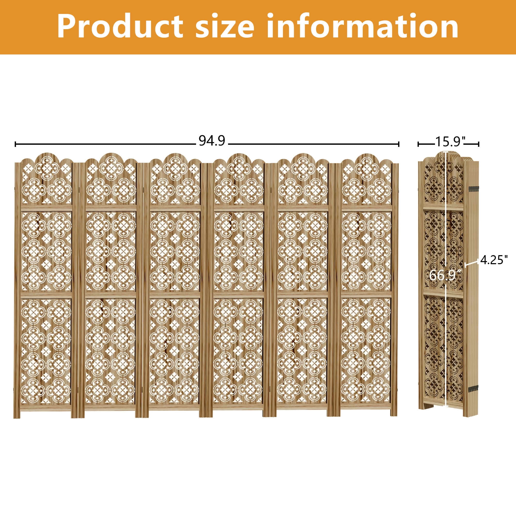 MAYEERTY 95x1x67 Inch Natural Charcoal Coin Wooden Folding Privacy Screen, 6 Panel Set for Home & Patio