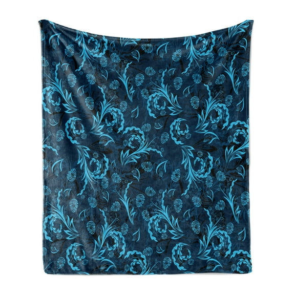 Blue Soft Flannel Fleece Throw Blanket, Abstract Damask Inspired Curvy Flower Ornate Flourish Royal Revival Retro, Cozy Plush for Indoor and Outdoor Use, 50" x 60", Indigo Aqua, by Ambesonne