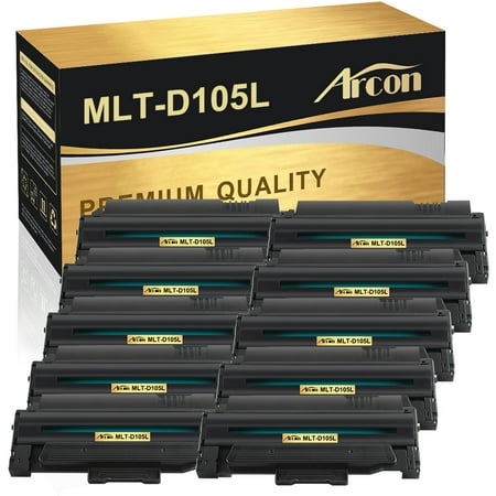 Arcon 10-Pack Compatible Toner Replacement for Samsung MLT-D105L ML-1910 2525 2545 2525W 2526 2580N 2581N 2540R (Black) Arcon Compatible Toner Cartridges offer great printing quality and reliable performance for professional printing. It keeps low printing cost while maintaining high productivity. Also they are resilient and designed to last for an extended period of time  even after frequent and extensive printing workload. Brand: Arcon Compatible Toner Cartridge Replacement for: Samsung MLT-D105L Compatible Toner Cartridge Replacement for Printer: Samsung ML-1910 1911 1915 2525 2545 2525W 2526 2580N 2581N 2540R  SCX-4600 4601 4623F 4623FW  SF-650 650P 651P Pack of Items: 10-Pack Ink Color: Black Cartridge Approx.Weight (Per Pack): 2.03 Pounds Cartridge Dimensions (Per Pack): 12.61 x 13.99 x 13.59 Inches Package Including: 10-Pack Toner Cartridge