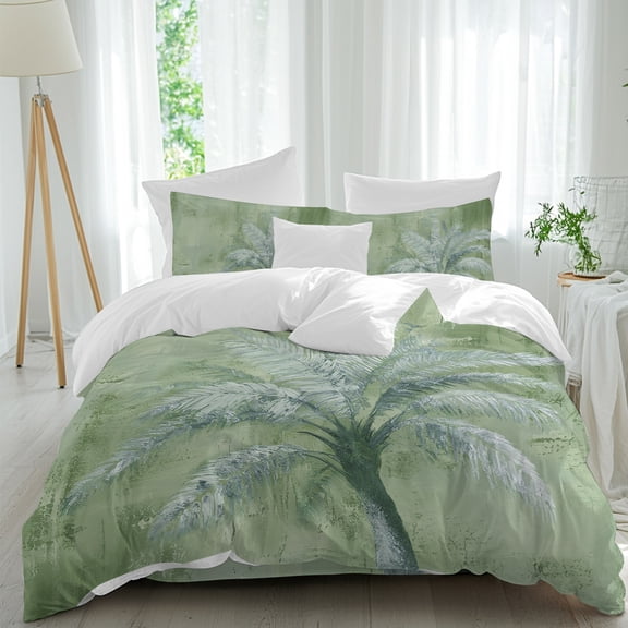Tropical Palm Tree Queen Duvet Cover Set, Coastal Vintage Beach Island Green Graffiti Botanical 4 Piece Microfiber Bedding Set with Zipper Closure, Bed Sheet and 2 Pillow Shams, Soft Bedding Cover
