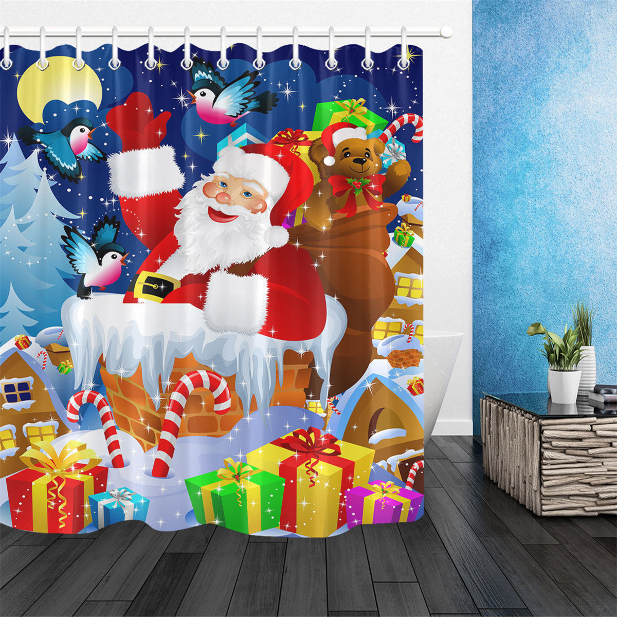 Christmas Santa Shower Curtain Bath Mat Toilet Cover Rugs Bathroom Set 1//3//4Pcs