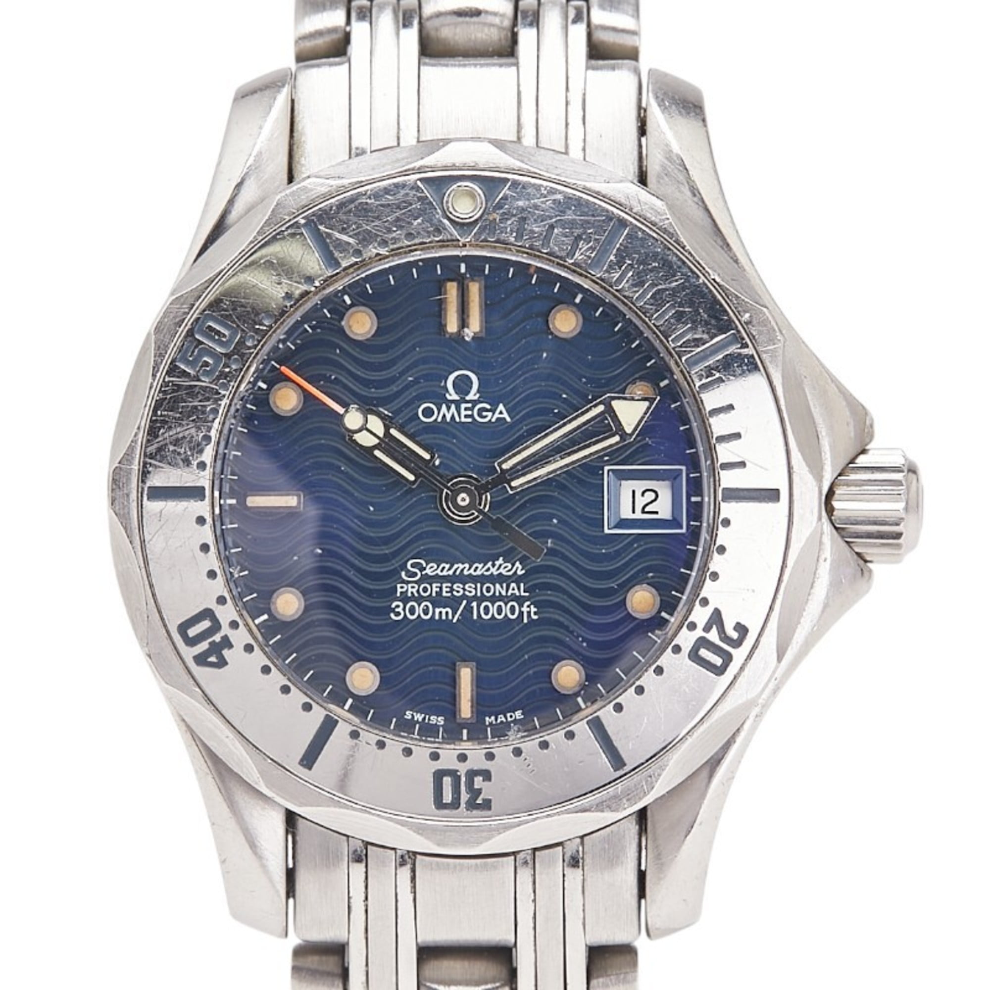 Pre-Owned OMEGA Seamaster Guilloched Quartz Watch with Navy Dial and Stainless Steel,... (Good)