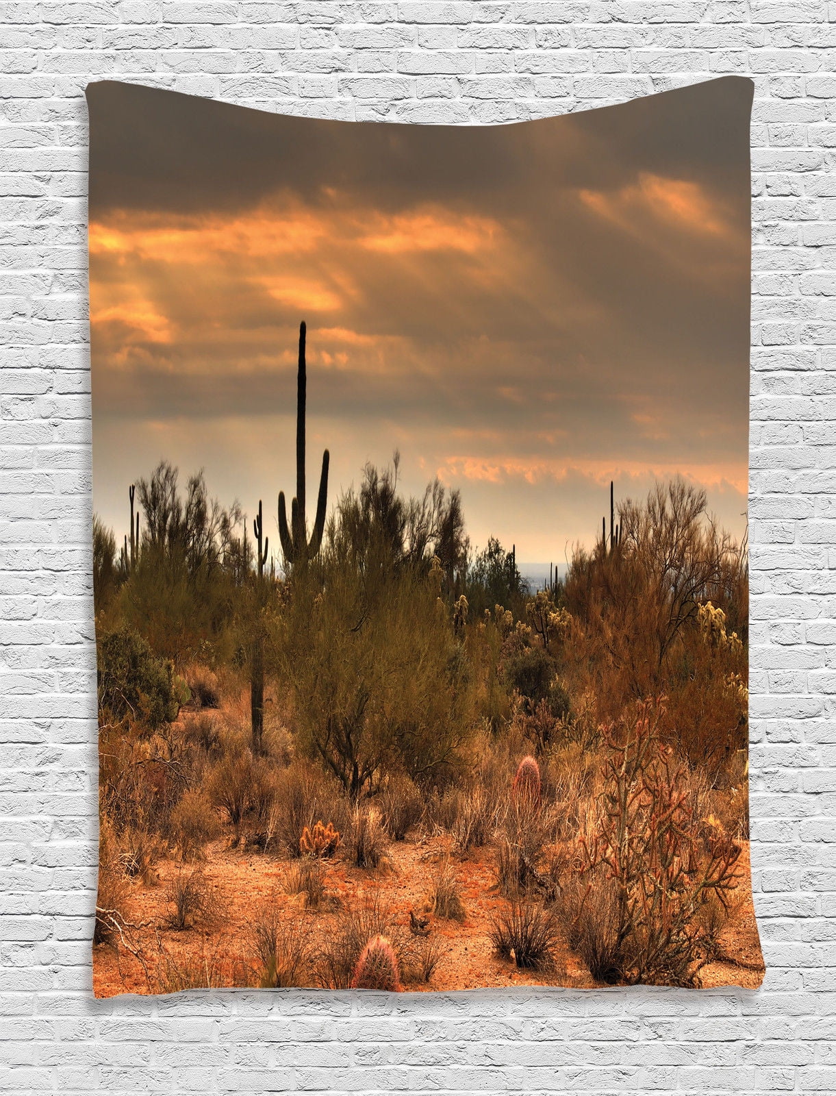 Saguaro Cactus Decor Wall Hanging Tapestry, Dramatic Shady Desert View