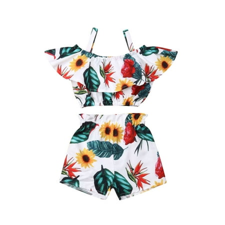

Gwiyeopda Toddler Baby Girl Summer Off Shoulder Ruffle Sling Crop Tops Short Pants 2Pcs Outfits 1-6 Y