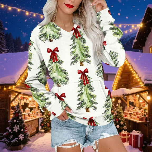 Xuniizn Christmas Ugly Shirts for Women, Funny Christmas Graphic Long Sleeve V Neck Christmas Sweatshirts with Pocket, Thick Thermal Cute Festival Casual Loose Pullover Sweaters