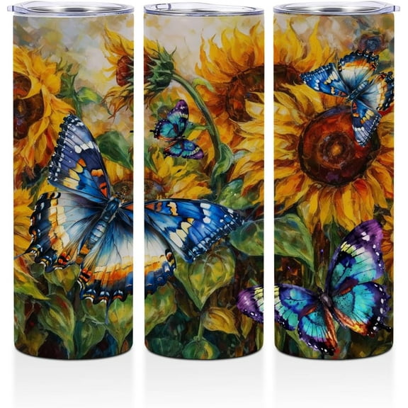 Sunflowers Butterfly 20 oz Skinny Tumbler Stainless Steel Slim Insulated Tumblers Straight Tumbler Cups Coffee Mug Thermal Travel Cup with Lid, Christmas Birthday Sunflower Gifts for Women Bestie