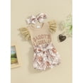 thumbnail image 3 of Suealasg Newborn Girls Outfit 3M 6M Fly Sleeve Letter Print Romper Dress Elastic Waist Floral Print Shorts Headband Set 3Pcs Baby Girl Summer Clothes Set, 3 of 9