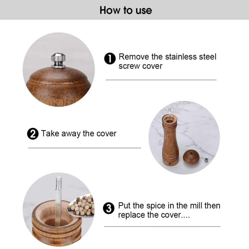 Dsseng Wood Pepper Grinder Pepper Mill, Adjustable Coarseness Wooden Peppermill Easy to Refill Oak Peppercorn Grinder for your kitchen 8 Inches