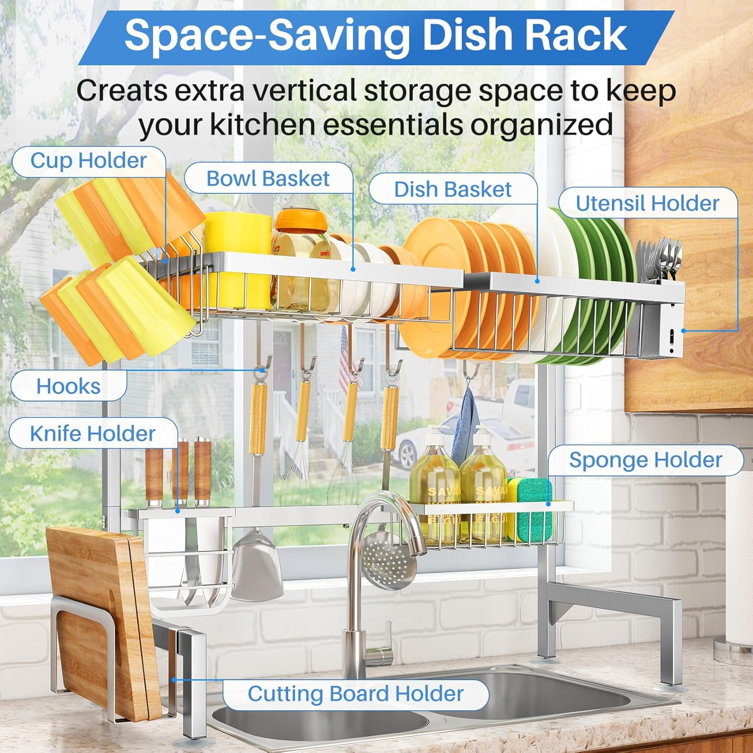 NestE-Over The Sink Dish Drying Rack - Adjustable Dish Rack for Kitchen Counter,Metal (Silver)