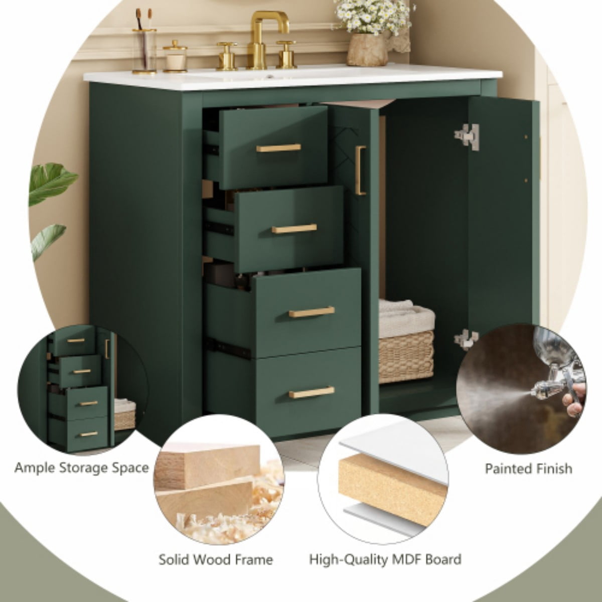 36" Bathroom Vanity with Sink, Freestanding Bathroom Vanity Cabinet with Ceramic Sink, Solid Wood Frame, 3 Drawers & Soft Close Doors, Modern Storage Cabinet, Green