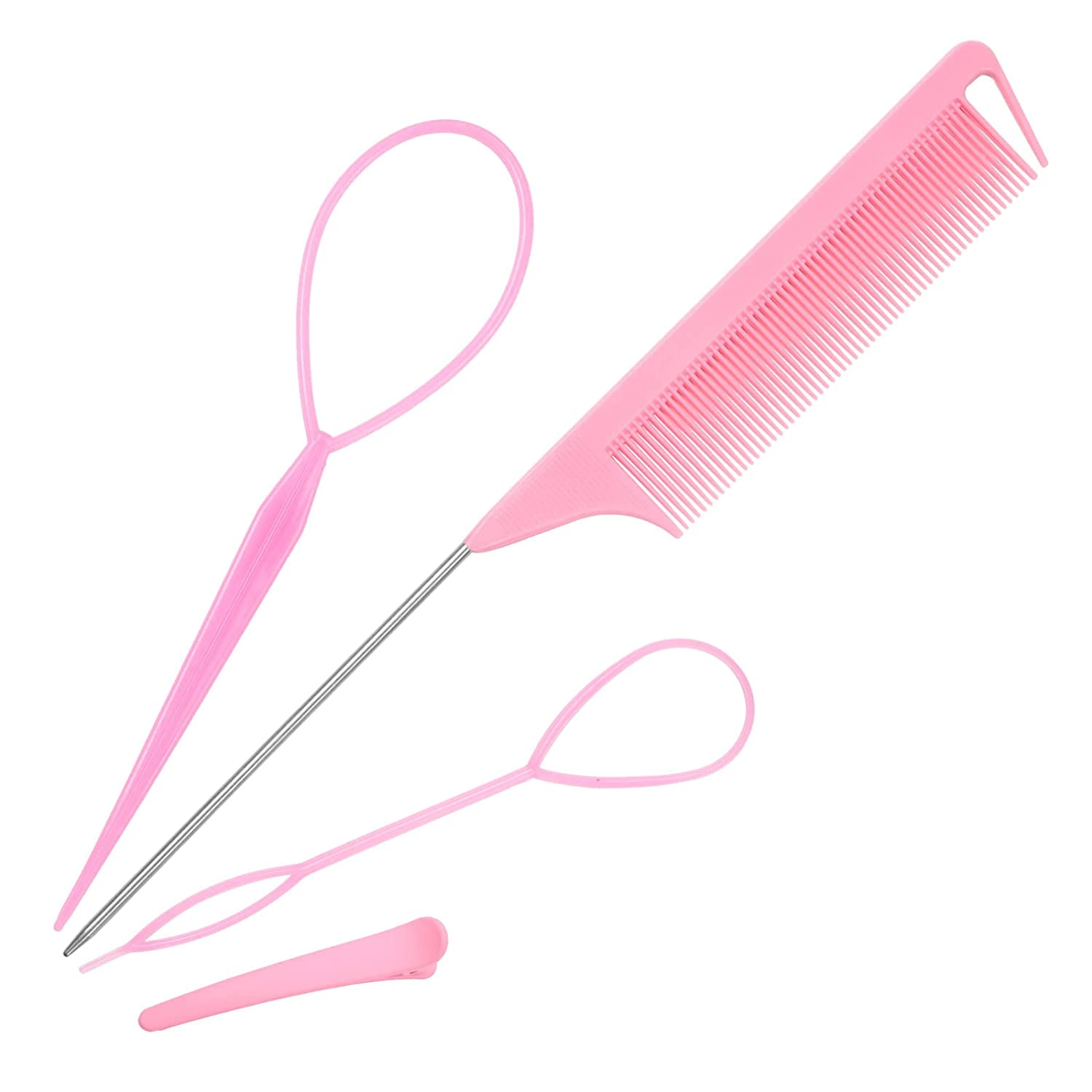 4 Pack Hair Loop Tool Set with 2 pcs French Braid Tool Loop,1 pcs rat tail  comb,1 hair clip, Hair Tail Tools for Hair Styling,Hair Braid Accessories  Ponytail Maker Pink,4 Pack