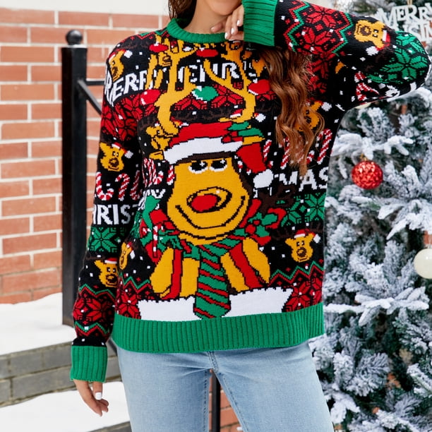 Suéter Navideño Suéter de Navidad para mujer Elk Tree Printed Knit Funny Ugly Xmas Pullover prendas de vestir exteriores Kuymtek Amarillo L para Mujer