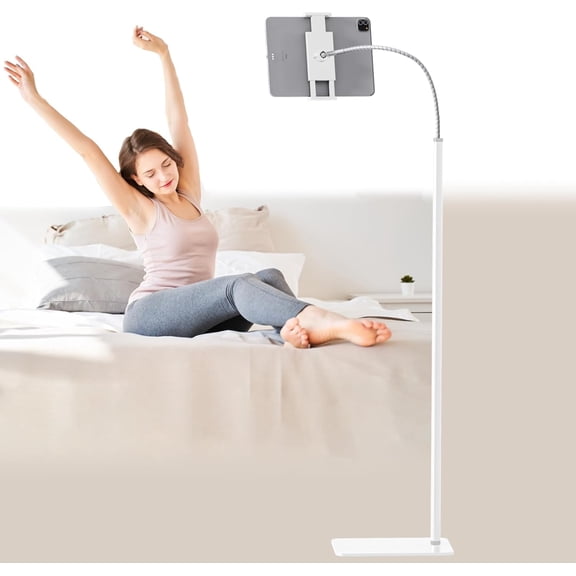 Tablet Floor Stand Holder with Flexible Gooseneck and Stable Base, Compatible with Tablet and Cell Phones (3.5''-9.7''), White
