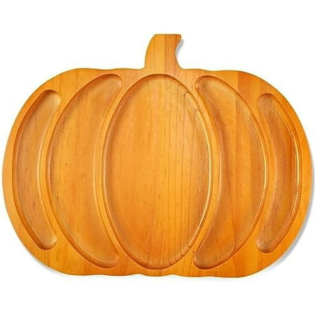 Fall Harvest Large Pumpkin Wooden Serving Platter 15x12 in Rustic Pumpkin Snack Fruit Meat Cheese Board Charcuterie Board Sectional Dish Plate for Thanksgiving(Walnut Color,Pine)