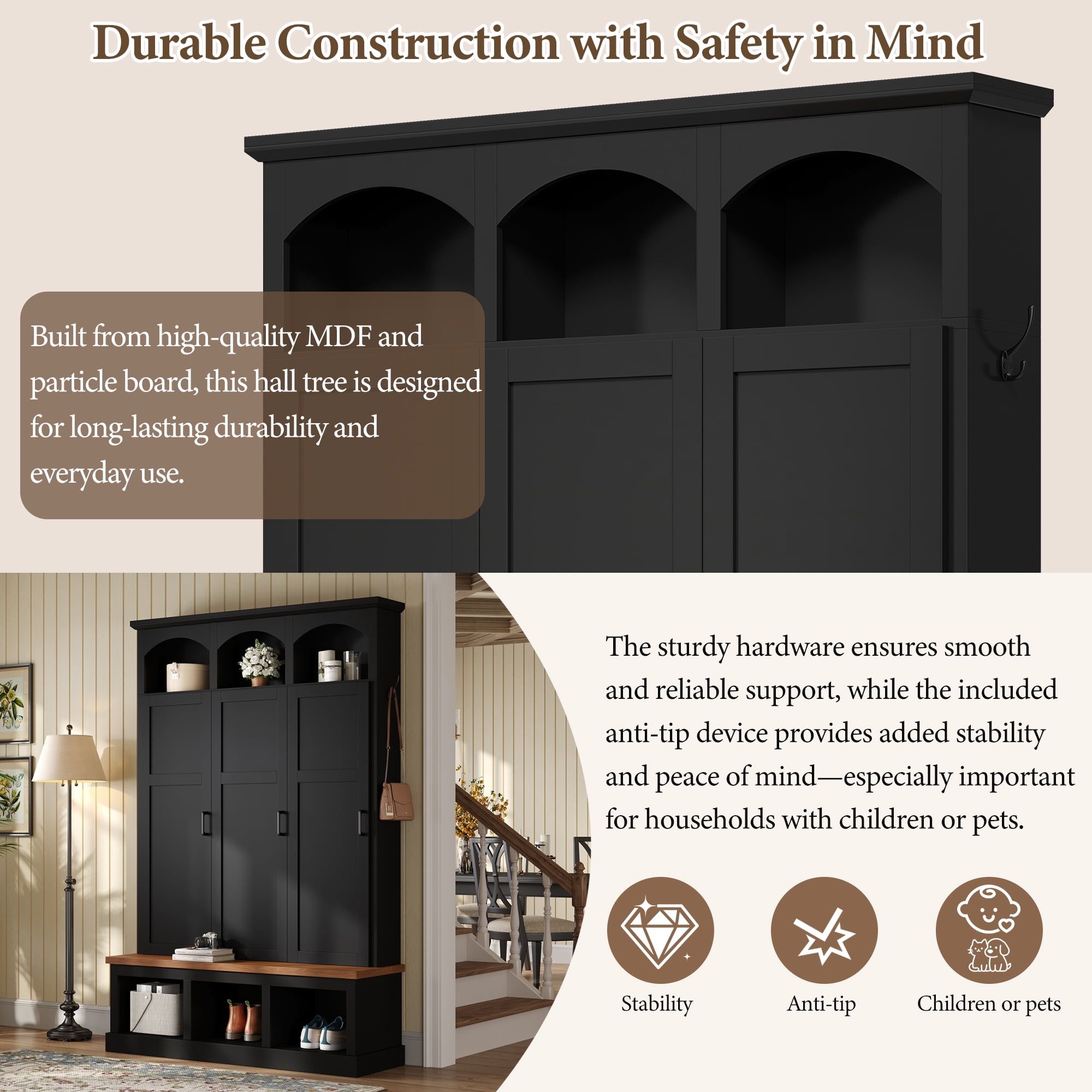 Homy Casa 49.2" Entryway Hall Tree with Bench, Storage Doors, Hooks & Lower Cubbies, Black