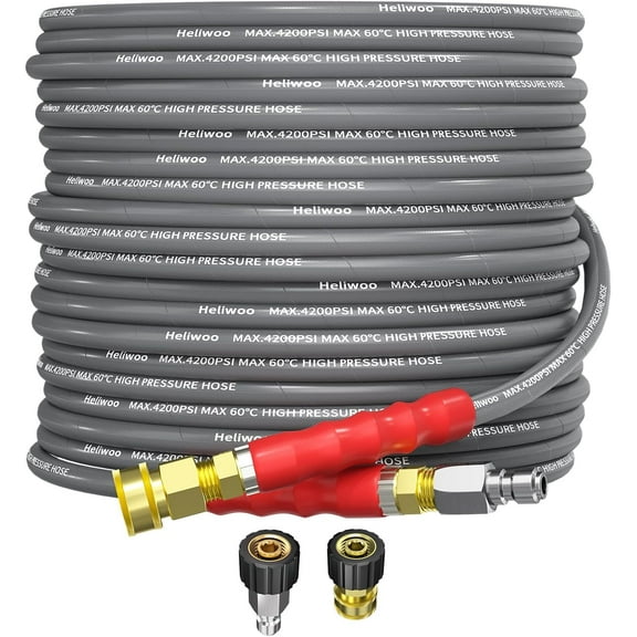 Heliwoo Pressure Washer Hose 50ft, 4200PSI Wire Braid Power Washer Extension Hose 1/4 Inch High Tensile, Flexible Kink Resistant Heavy Duty Replacement Hose with 3/8 Quick Connect