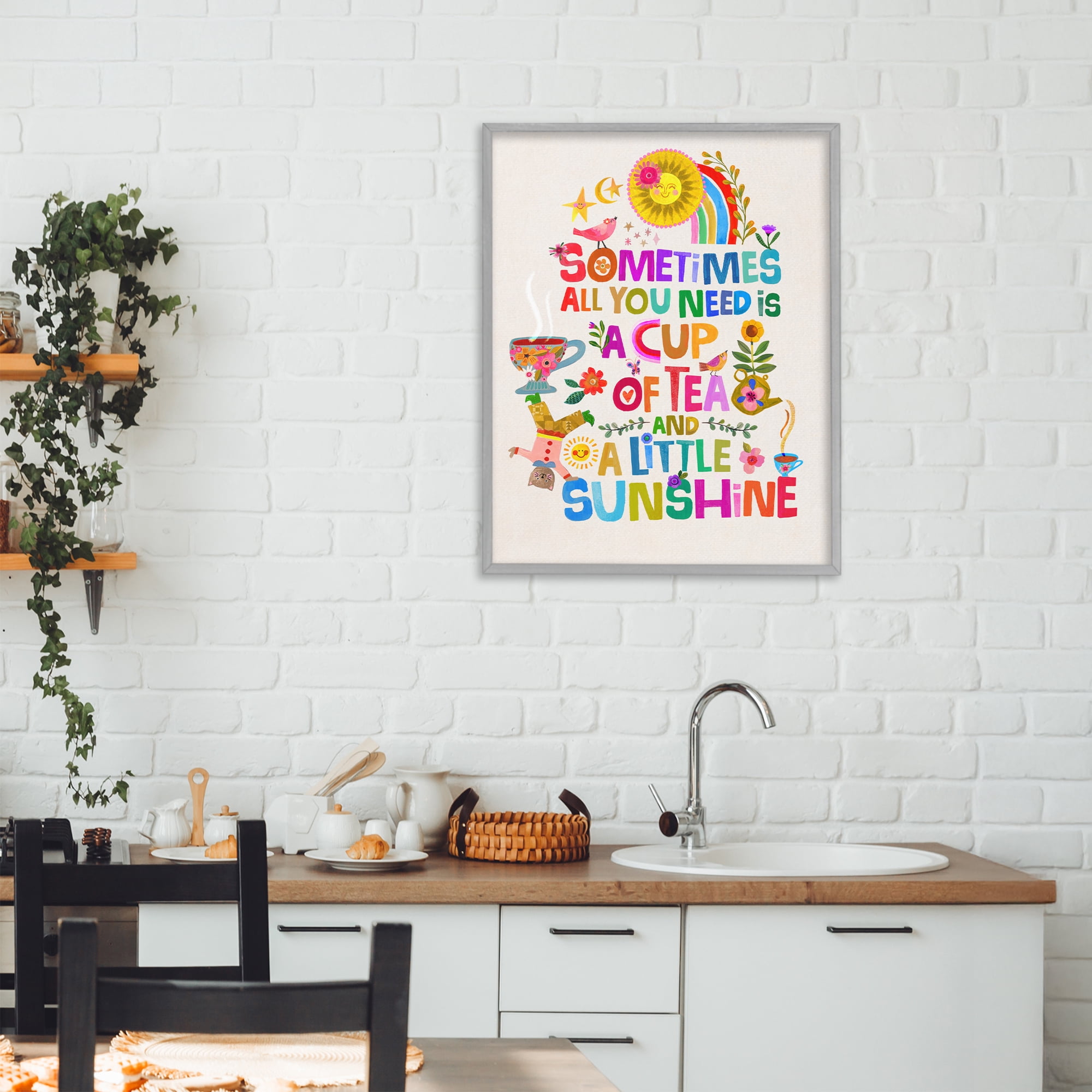 Stupell Industries Cup Of Tea & Sunshine Gray Framed Giclee Art, design by Katherine Herrell Studio
