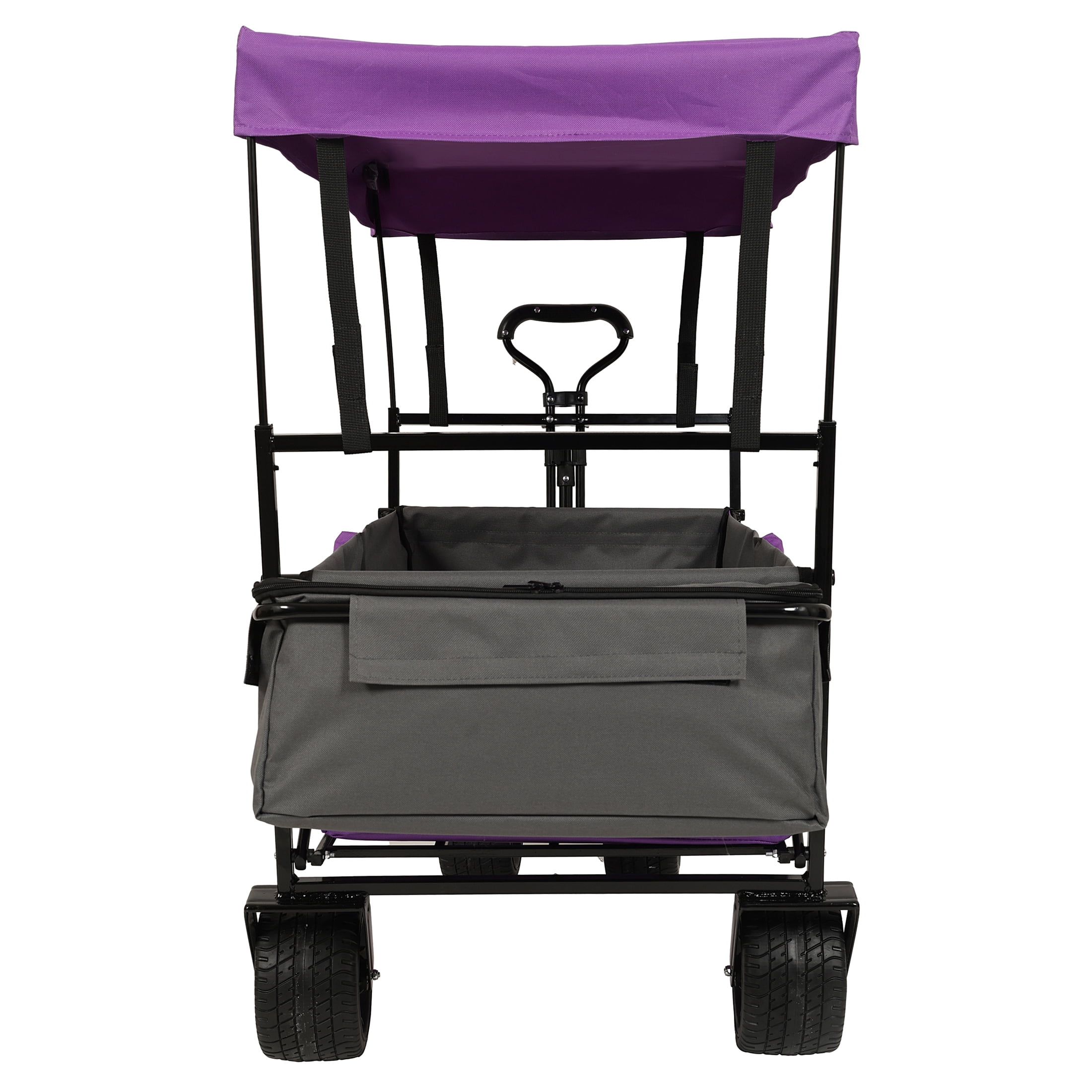 Heavy Duty Folding Wagon with Canopy, 480 lbs Collapsible Wagon Stroller with Mosquito Net, 7"x4" All-Terrain Wheels for Camping, Garden, Purple