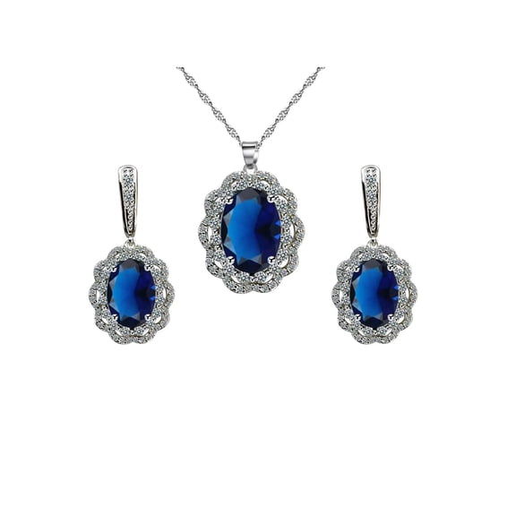 Paris Jewelry 18K White Gold Created Oval Blue Sapphire Halo and White Sapphire Earrings & Necklace Set Plated