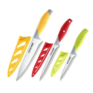 Kuhn Rikon Straight Paring Knife with Safety Sheath, 4 inch/10.16 cm Blade,  Red, Yellow & Blue (Pack of 1)