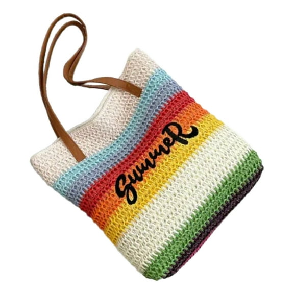 Fashionable Rainbow Woven Beach Bag Large Capacity Shoulder Bags Vacation Handbag for Trendy Women Who Love the Outdoors