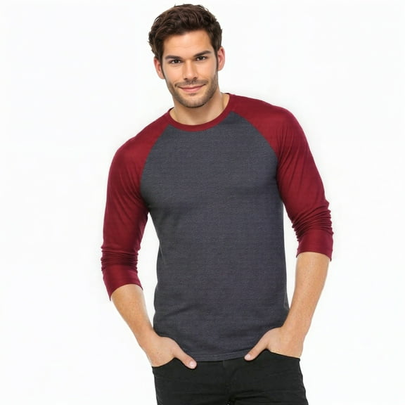 Men's 3/4 Sleeve Crew Neck Baseball Shirt, Casual Dynamic Cotton Raglan T Shirts, Burgundy/Charcoal Gray M, 1 Count, 1 Pack