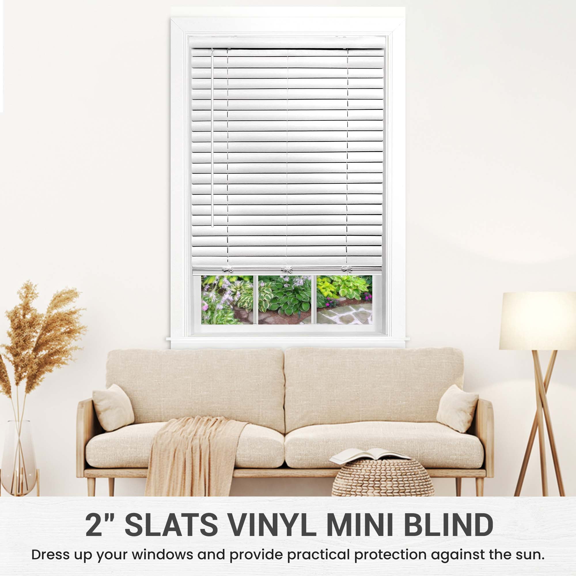 PowerSellerUSA Cordless Window Blinds, 2" Slats Vinyl Mini Blind, Premium Embossed Woodgrain, Anti-UV Window Treatment, White, 43" Width x 64" Length, (Fits windows 23" - 64")