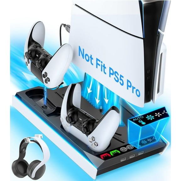 Tokluck PS5 Stand Vertical for PS5 Slim/PlayStation 5, Automatic 3-Level Adjustable Cooling Fans, Dual Controller Charger for Dualsense & Edge Controller, PlayStation 5 Accessories