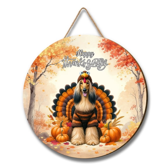 Happy Thanksgiving Afghan Hound Turkey Costume Pumpkins Autumn Leaves Round Wood Sign Dog Lover Hanging Wall Home Decor - 130144