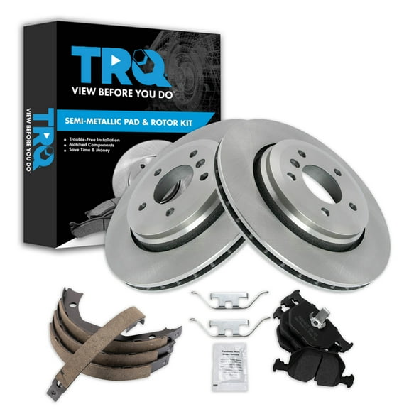 TRQ Rear Brake Pad & Rotor Kit Brake Pads Brake Rotor Parking Brake Shoe Set Semi-Metallic Fits Select 2001-2006 BMW 330Ci 2001-2005 330i 330xi