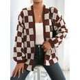 thumbnail image 6 of Women'S Plus Size Checkered Cardigan Top Plaid Print Open Front Loose Sweater Outwear Brown White M, 6 of 9