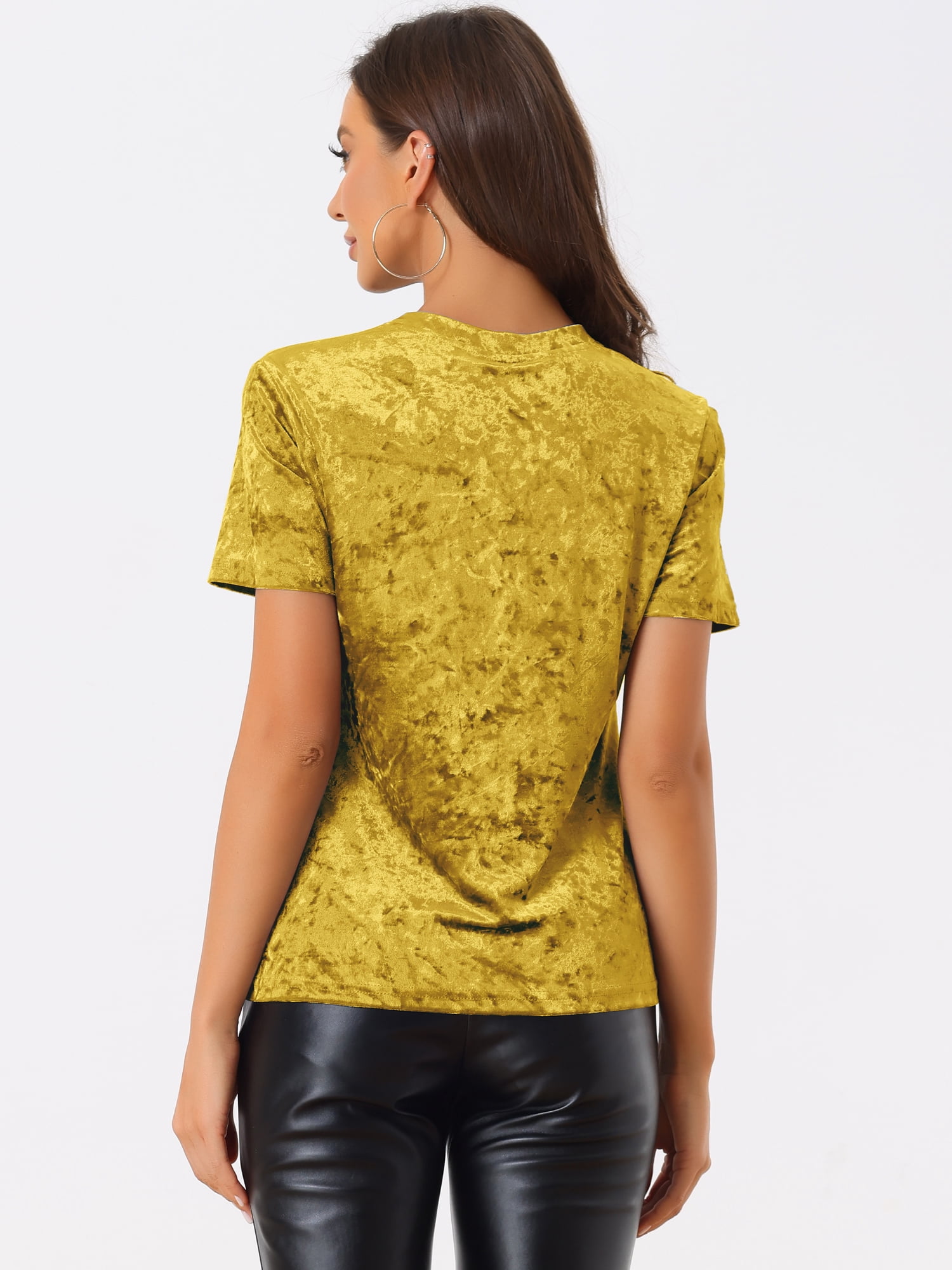 DARING DIVA Women's Velvet Blouse Tops Crew Neck Short Sleeve T-Shirt M Yellow