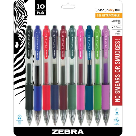 Zebra Sarasa Dry X20 Retractable Gel Ink Pens, Medium Point 0.7 mm, Assorted Color Rapid Dry Ink, 10-Count