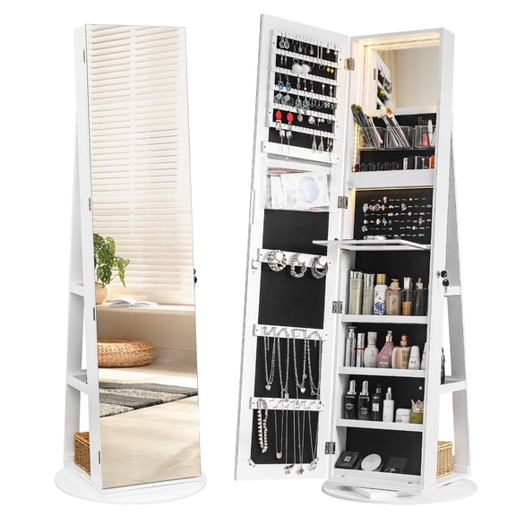 EasingRoom Mirrored 360 Swivel Armoire Jewlery Organizer Locable, Inside Makeup Mirror, Storage Shelves for Bedroom Living Room, White