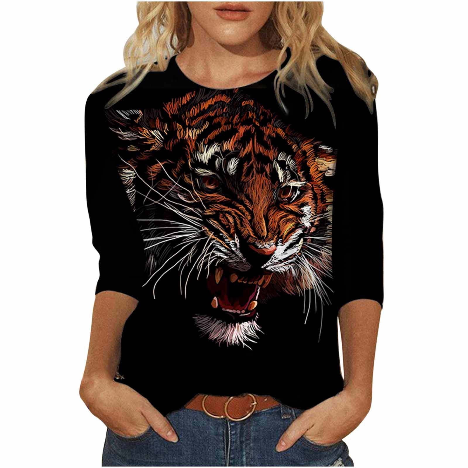 Womens 3/4 Sleeve T-Shirts Novely Tiger Print Loose Fit Blouses Summer  Fashion Casual Plus Size Black Tops