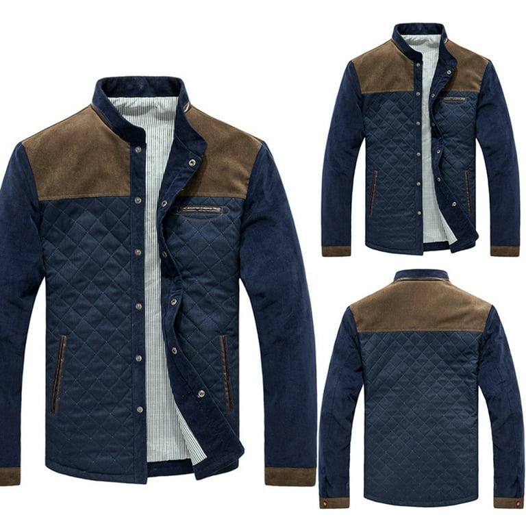 DISHAN Men Winter Long Sleeve Stand Collar Color Block Buttons up