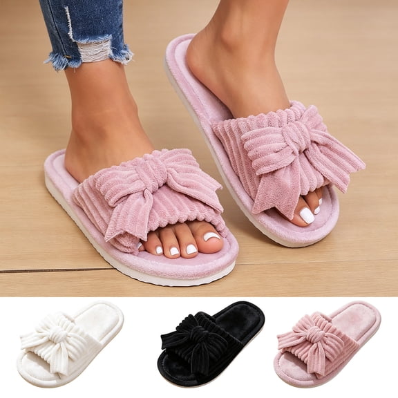Women Corduroy Bow Slide Slippers, Open‑Toe Soft Plush Strap House Slides, Warm Non‑Slip Flat Indoor Home Shoes for Bedroom, Dorm, Bathroom
